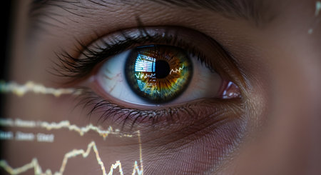 An extreme macro shot of a human eye, with a complex financial stock market chart reflected in the pupil and iris. A data graph is also overlaid on the skin below the eye, symbolizing data analysis, technology, and finance.の素材