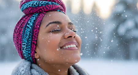 A close-up portrait of a beautiful, smiling Black woman with her eyes closed, enjoying a gentle snowfall. She wears a colorful pink and blue head wrap (turban) and a scarf, with snowflakes resting on her face and eyelashes.の素材