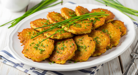 A large white oval platter is piled with golden-brown, freshly fried potato pancakes, also known as latkes. The pancakes are garnished with fresh, chopped chives and sit on a white wooden table next to a blue and white striped napkin. This dish is often associated with Hanukkah or Eastern European cuisine.の素材