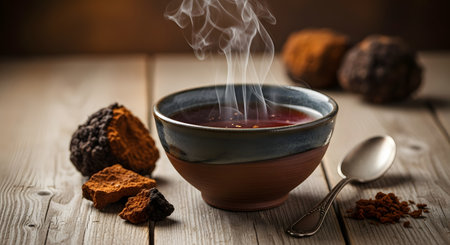 A steaming hot bowl of dark chaga mushroom tea sits on a rustic wooden table. Chunks of raw chaga mushroom and some ground powder are placed next to the bowl, along with a small spoon. The steam rises elegantly from the healthy, alternative beverage.の素材