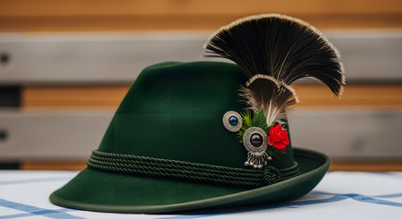 A close-up of a traditional green Bavarian or German fedora (Tyrolean hat) resting on a blue and white checkered tablecloth. The hat is decorated with a gamsbart (brush), pins, and a small red flower.の素材