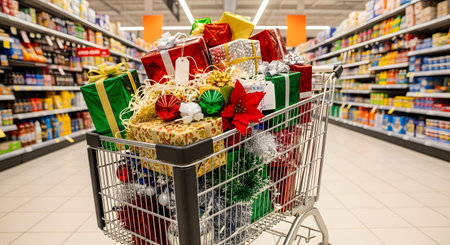 A shopping cart in a supermarket aisle, overflowing with wrapped Christmas gifts and decorations. The colorful presents are piled high, and the blurred background shows the grocery store aisles.の素材
