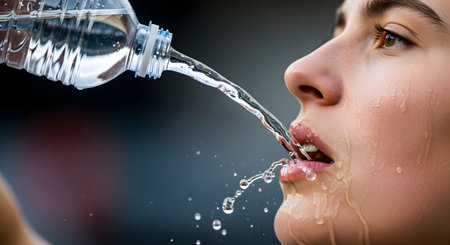 An extreme close-up of a thirsty woman pouring water from a plastic bottle into her mouth, splashing her face. The water is captured in motion, conveying hydration, refreshment, and exercise.の素材