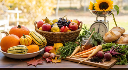 A bountiful autumn harvest arrangement on a wooden table with a bright, out-of-focus background. The display includes pumpkins, gourds, a basket of apples and pears, fresh bread, carrots, beets, and a vintage scale with sunflowers, symbolizing Thanksgiving and abundance.の素材
