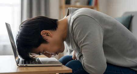 A tired, stressed, or overworked Asian man rests his forehead on his laptop keyboard. He is sitting at a wooden table in a home environment, symbolizing burnout, fatigue, or frustration with work.の素材