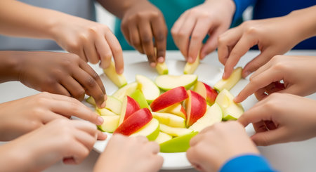 An overhead view of a group of diverse children's hands reaching in to take slices of red and green apples from a shared white plate. This image represents sharing, healthy eating, community, and childhood nutrition.の素材