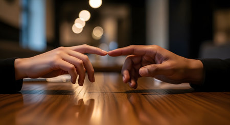 A close-up of two diverse hands, one with light skin and one with dark skin, resting on a wooden table. Their index fingers are extended and about to touch, symbolizing connection, a spark, romance, or a modern 'Creation of Adam' gesture.の素材