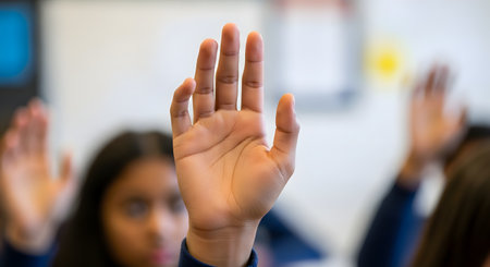 A close-up of a student's hand raised in the air, with the palm facing forward, ready to answer a question. In the blurred background, other students in a classroom are also visible, some with their hands raised.の素材