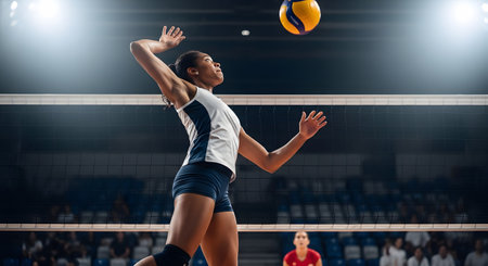 A dynamic, low-angle shot of a female volleyball player in a white and blue uniform jumping high at the net to spike the ball. She is in mid-air with her arm raised, ready to hit the ball in a professional, spotlit stadium.の素材