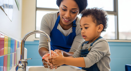 A female teacher or childcare provider helps a young boy wash his hands at a low sink. She is guiding his hands under the running water, and there is soap lather. The setting appears to be a daycare or preschool, with colorful tiles in the background.の素材