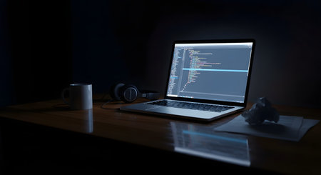 A laptop with lines of code on the screen sits on a wooden desk, illuminating a dark room. A coffee mug, headphones, and a crumpled piece of paper are next to it. This scene evokes late-night work, programming, coding, or cybersecurity.の素材