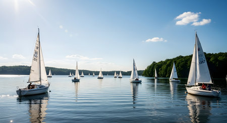 A beautiful,sunny day on a calm lake with many sailboats participating in a regatta. The clear blue sky and green,forested shoreline create a peaceful and scenic summer landscape.の素材