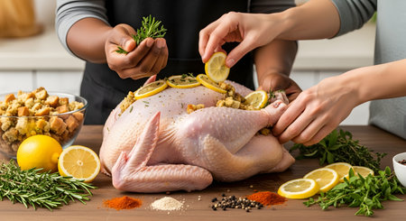 A close-up of two people's hands, one Black and one White, preparing a large raw turkey on a wooden table. They are adding fresh rosemary and lemon slices, with a bowl of stuffing and various spices nearby, in preparation for a holiday meal like Thanksgiving.の素材