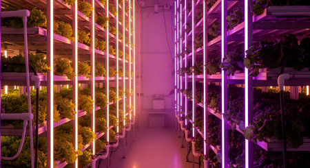 The interior of a high-tech vertical farm, showing tall racks of lettuce growing hydroponically under colorful LED lights. One aisle is illuminated by warm yellow light, and the adjacent aisle is lit by purple and pink light, showcasing sustainable, futuristic agriculture.の素材