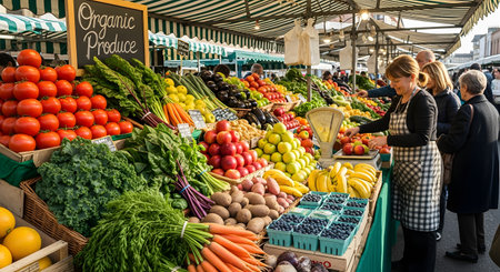 A busy stall at an outdoor farmers market, with a female vendor in an apron weighing apples for a customer. The stall is abundant with fresh organic produce, including tomatoes, carrots, potatoes, and berries, under a striped awning.の素材