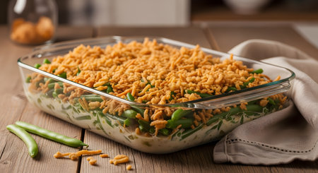 A classic green bean casserole in a glass baking dish sits on a rustic wooden table. The casserole is topped with a generous layer of crispy fried onions, and a few fresh green beans are on the side.の素材