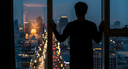 A silhouette of a man seen from behind, standing in a dark room and looking out a large window at a brightly lit city skyline at night. The city lights are blurred, creating a bokeh effect.の素材