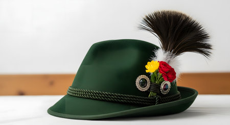 A close-up of a traditional green felt Bavarian or Tyrolean hat, decorated with a rope band, ornamental pins, small red and yellow flowers, and a large tufted feather (Gamsbart). The hat rests on a white surface, representing German or Austrian culture and Oktoberfest.の素材