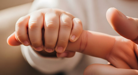 A macro close-up of a newborn baby's small hand tightly gripping an adult's finger. The image symbolizes trust, love, family, and the bond between parent and child.の素材