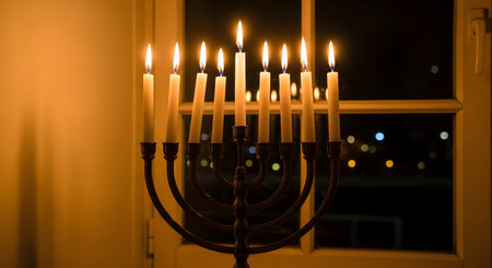 A bronze Hanukkah menorah (hanukkiah) with all nine candles lit, glowing warmly in a dark room. It is placed in a window, and the blurred lights of the city at night are visible outside. This image represents the Jewish holiday of Hanukkah.の素材