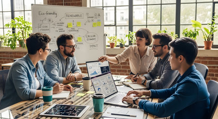 A diverse team of five young professionals in a modern office, collaborating around a table. A woman is pointing to a laptop screen showing charts, while a whiteboard behind them details an 'Eco-friendly', 'Renewable', and 'Circular Economy' strategy.の素材