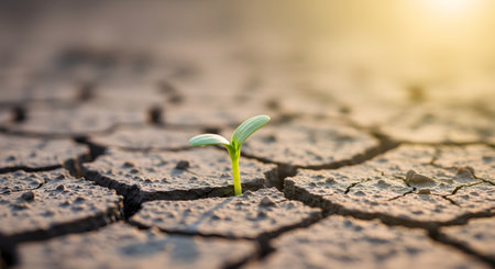 A small,vibrant green sprout emerges from dry,cracked mud,symbolizing hope,resilience,and new life. The background is blurred with warm sunlight,highlighting the plant's struggle and survival against harsh conditions.の素材