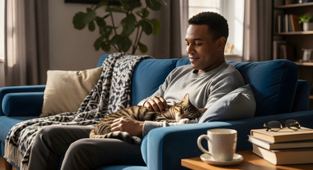 A happy Black man relaxing on a blue sofa in a cozy living room, gently petting a sleeping tabby cat that is curled up on his lap. A mug and books are on a side table, suggesting a peaceful, relaxing time at home.の素材