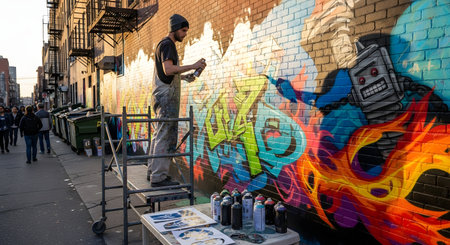 A street artist in a beanie and overalls stands on scaffolding, using a spray paint can to create a large, colorful graffiti mural on a brick alley wall. The mural features a robot and abstract flames, with many spray cans on a table below.の素材