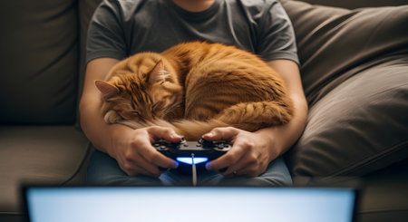 A man plays a video game with a controller while sitting on a couch,with a fluffy orange cat sleeping peacefully on his lap. The focus is on the cat and the controller,with the screen blurred in the foreground.の素材