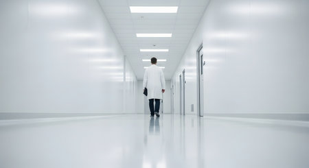 A rear-view shot of a doctor or scientist in a white lab coat, holding a folder, walking down a long, sterile, and brightly lit white corridor. The minimalist, modern hallway has polished floors, suggesting a hospital, laboratory, or research facility.の素材