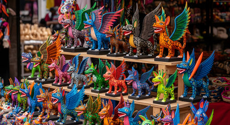 A vibrant display of colorful, handcrafted Alebrije figurines at a Mexican market. These fantastical, mythical creatures with wings are a form of Oaxacan folk art, meticulously painted and arranged on wooden shelves.の素材