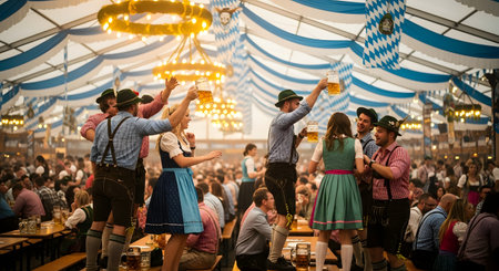 A lively, crowded scene inside a large beer tent at Oktoberfest in Germany. People in traditional Bavarian clothing (dirndls and lederhosen) are cheering, standing on benches, and toasting with large beer mugs. The tent is decorated with blue and white banners and large chandeliers.の素材