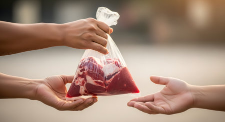 A close-up of one person's hand giving a plastic bag filled with raw red meat to another person's receiving hand. This gesture represents charity, sharing, or donation, possibly in the context of a religious festival like Eid al-Adha (Qurban).の素材