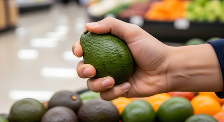 A close-up of a person's hand holding and gently squeezing a fresh green avocado in a grocery store. The blurred background shows the produce section with other fruits and vegetables.の素材