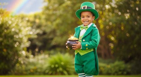 A cute, smiling young boy is dressed in a full green leprechaun costume, complete with a hat and bow tie. He is standing in a sunny garden, holding a small black pot of 'gold' that is sparkling. A faint rainbow is visible in the background, representing St. Patrick's Day.の素材