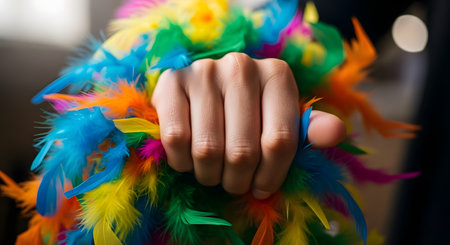 A close-up of a person's fist clutching a handful of colorful, vibrant craft feathers. The feathers are yellow, blue, green, pink, and orange, suggesting a celebration, costume, or creative project.の素材