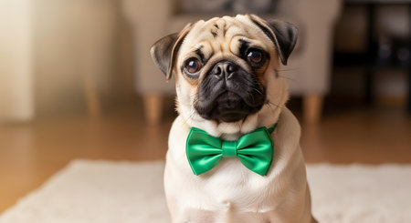 An adorable portrait of a fawn-colored pug dog sitting indoors and looking at the camera with big, sad eyes. The dog is wearing a bright green bow tie, looking dapper and formal.の素材