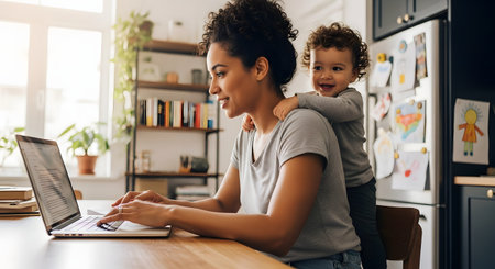 A smiling mother works on her laptop at a kitchen table while her happy toddler son stands behind her, hugging her back. This image depicts the balance of remote work, motherhood, and family life in a bright, modern home.の素材