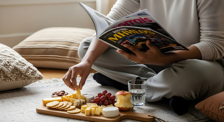 A person sits cross-legged on a floor rug, reading a magazine. In front of them is a small wooden cheese board with various cheeses, crackers, grapes, and an eaten apple, along with a glass of water. This scene depicts relaxation, self-care, and a cozy time at home.の素材