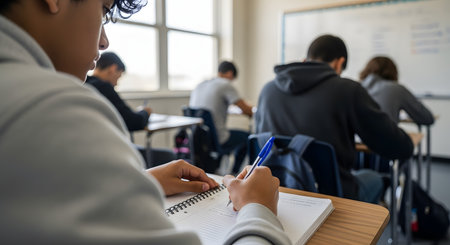 A close-up over-the-shoulder view of a student writing with a pen in a spiral notebook at a desk. The student is in a classroom setting, with other students and a whiteboard blurred in the background, suggesting a test, lecture, or studying.の素材