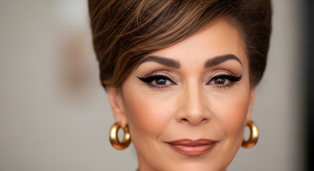 A close-up, glamorous portrait of an elegant, mature woman with a sophisticated beehive updo hairstyle. She has flawless makeup, including dramatic winged eyeliner and bronze lipstick, and is wearing large gold hoop earrings.の素材