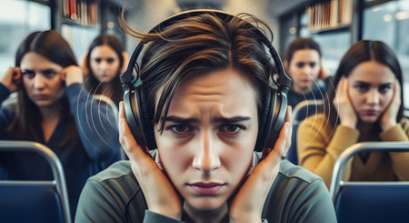 A young person on a bus, wearing large headphones, looks distressed and holds their head as if experiencing sensory overload. The other passengers in the background also appear overwhelmed, holding their ears, symbolizing noise pollution, anxiety, or a shared stressful experience.の素材