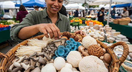 A smiling woman holds a large wicker basket filled with a variety of fresh, exotic mushrooms at an outdoor farmers market. She is picking out mushrooms, including blue oyster, lion's mane, and enoki.の素材