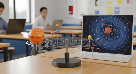 A physical model of the solar system (an orrery) sits on a classroom desk next to an open laptop, which displays a digital, animated version of the same. Students are blurred in the background, representing a lesson in astronomy and the blend of traditional and digital education.の素材