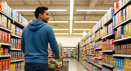A rear-view shot of a young man in a blue hoodie pushing a shopping cart down the cereal aisle of a supermarket. He is looking at the shelves, which are fully stocked with boxes.の素材