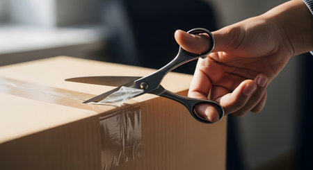 A close-up of a hand holding metal scissors and cutting the clear packing tape on a brown cardboard box. The action suggests opening a package, delivery, or moving.の素材