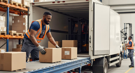 A Black male warehouse worker in a safety vest loads cardboard boxes onto a conveyor belt leading into a delivery truck. Another worker and a forklift are visible inside the warehouse.の素材