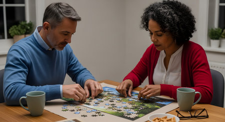 A mature,diverse couple (white man,Black woman) sits at a wooden table,focused on assembling a jigsaw puzzle. They have mugs next to them,suggesting a cozy,indoor evening activity.の素材