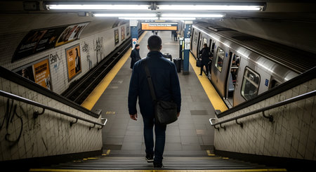 A man, seen from behind, wearing a jacket and carrying a messenger bag, walks down the stairs into a gritty, urban subway station. A train is visible at the platform, and the scene depicts public transportation and daily commute.の素材
