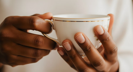 A close-up shot of a person's hands gently holding a delicate white porcelain teacup. The teacup has an elegant gold rim and handle. The person is wearing a light-colored sweater.の素材